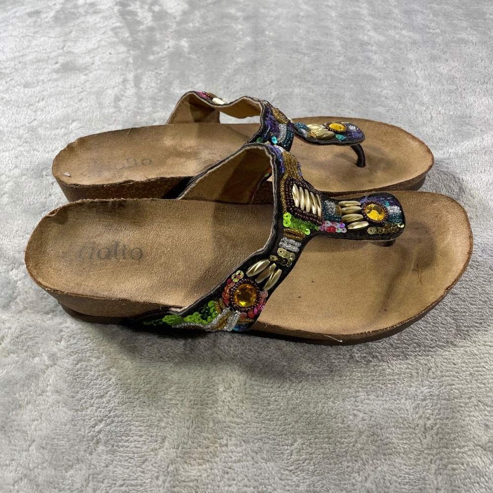 Rialto Wedge Sandals Womens 8.5 Blushing‎ Embellished Beaded Thong Slip On